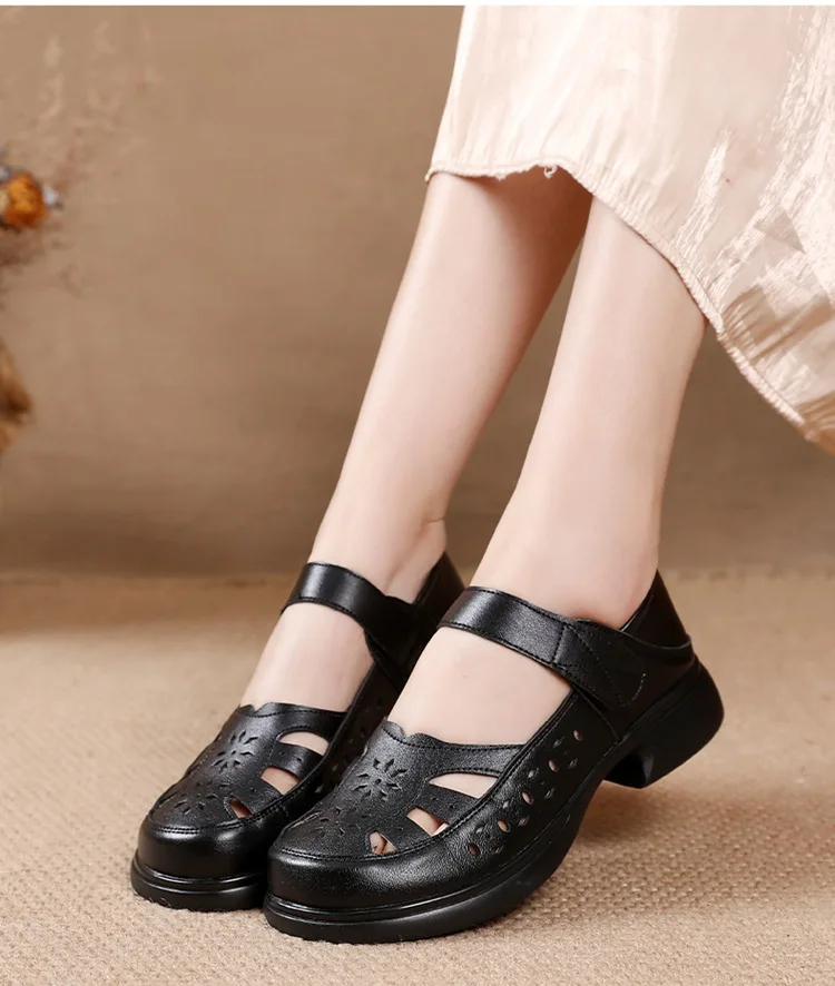 Sandalen Damen Löcher atmungsaktive Echt leder Schuhe Frau Gladiatoren Sommer Block Low Heels Mary Jane Mutter Sandalen Schuhe – Detail 16