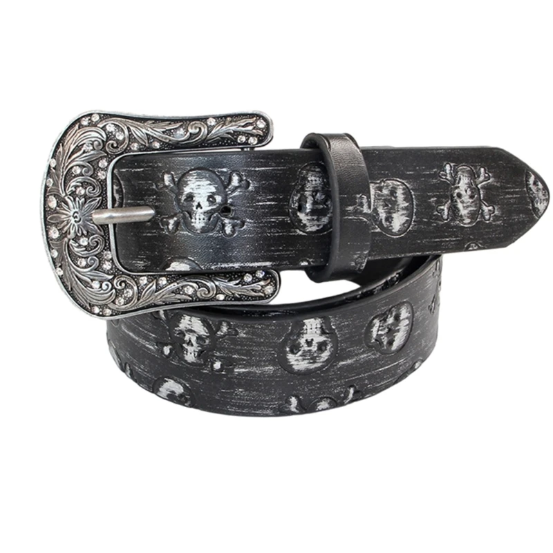 

Vintage Embossing Skull Belt for Teens Cool Pin Buckle Distressed Color Belt Teens Boy Waistband for Jeans Pants Decor