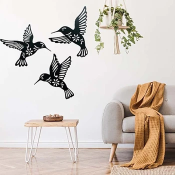 3pc Black Metal Hummingbird Wall Decor Hollow Out Iron Art Bird Sculpture Ornament Waterproof Hanging Figurines Garden Supplies 1
