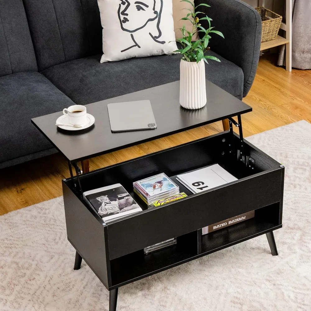 Lift Top Coffee Table, Wooden Lift Tabletop Dining Table with Hidden Storage & 2 Open Shelves, Metal Hydraulic Lifting Device 2