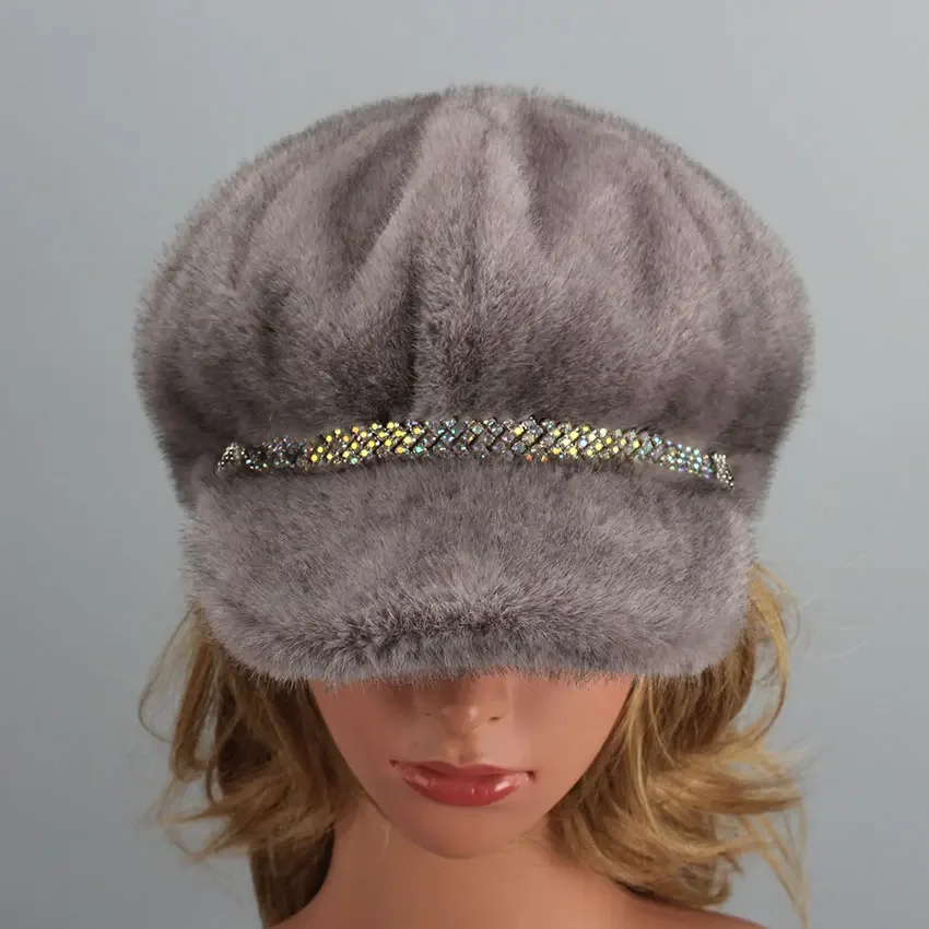 Women Beret Autumn Winter Faux Fur Hat Solid Plain Octagonal Newsboy Cap