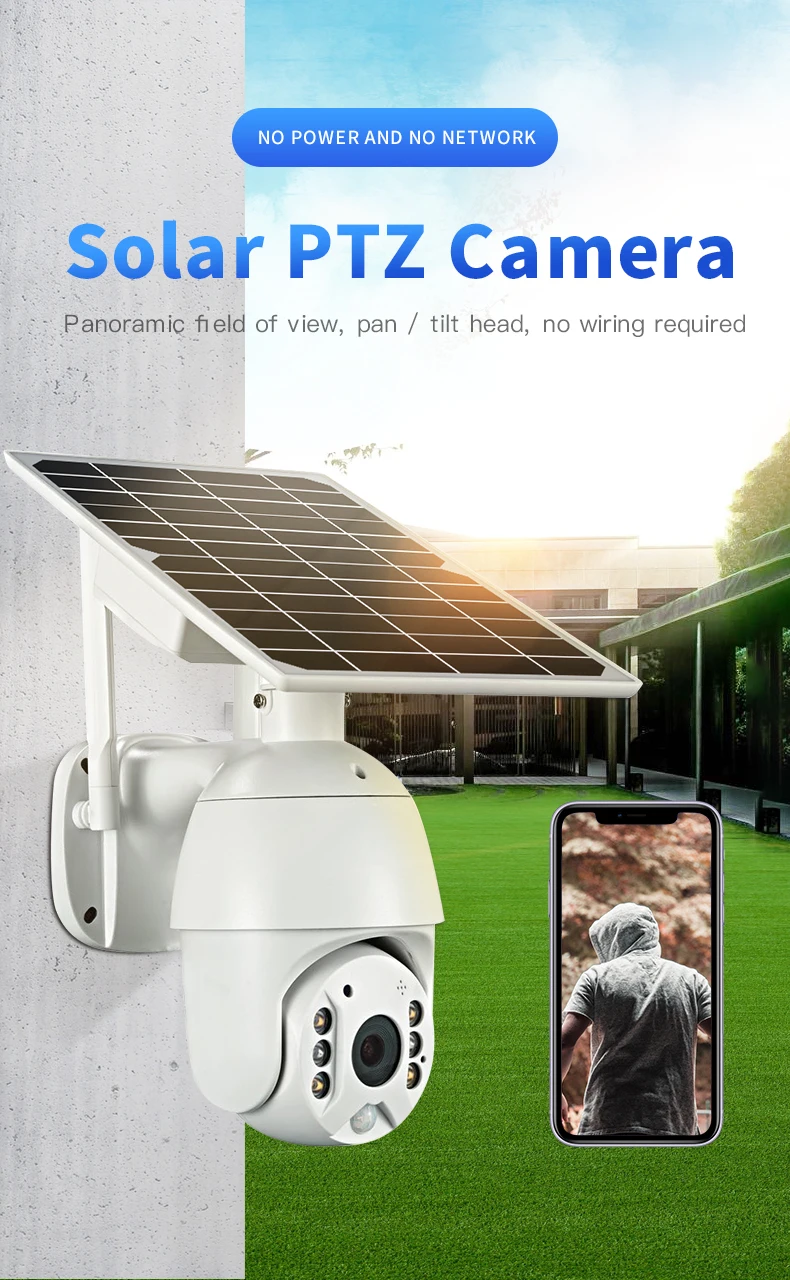야외 모니터링 태양 전지 패널 전원 IP 카메라, 양방향 오디오, 5MP 4G SIM, AP 핫스팟, PTZ 나이트 비전