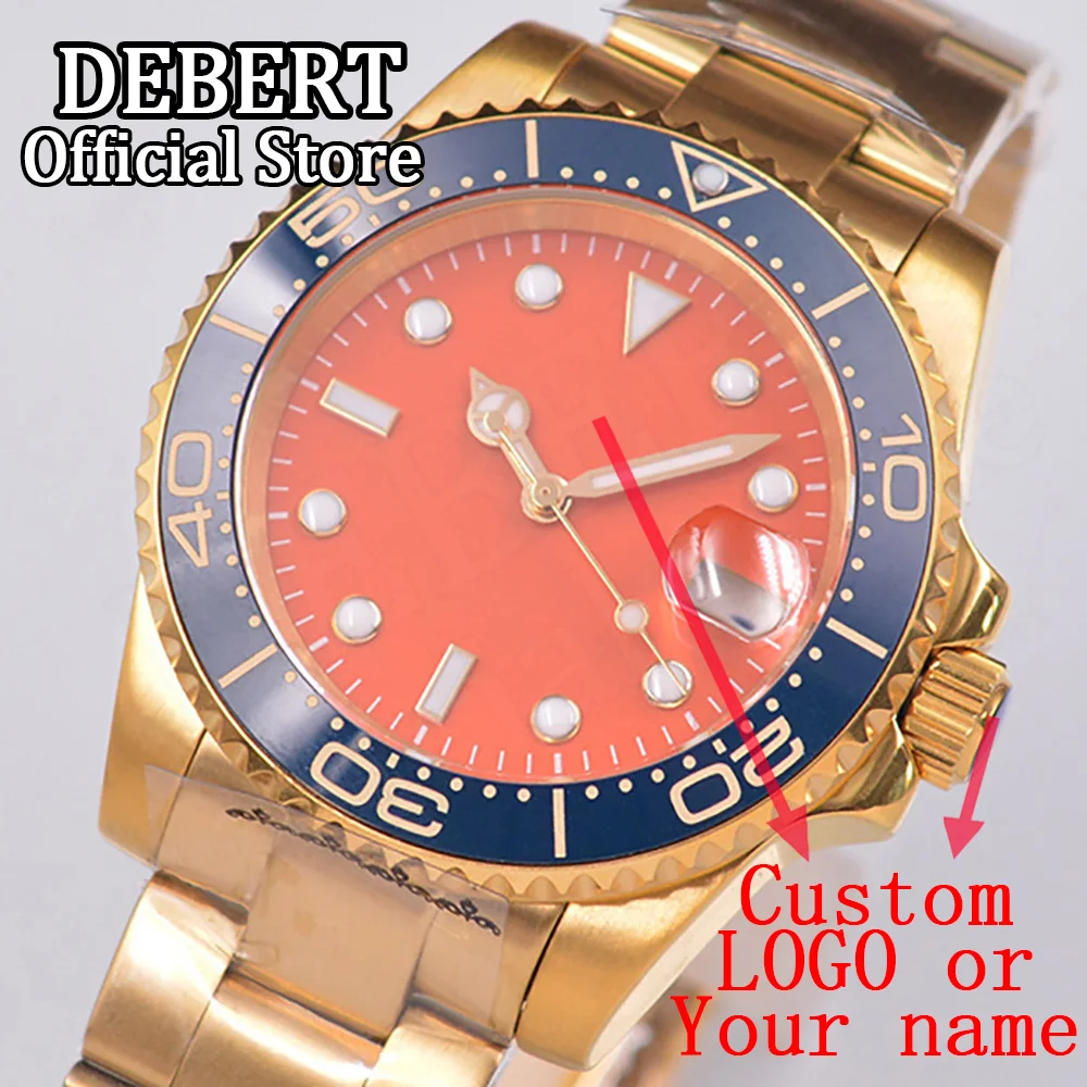

DEBERT 40mm Custom logo watch Orange sterile Dial NH35 Automatic Mechanical Men's Watches Gold Case Sapphire Glass Watch for Men
