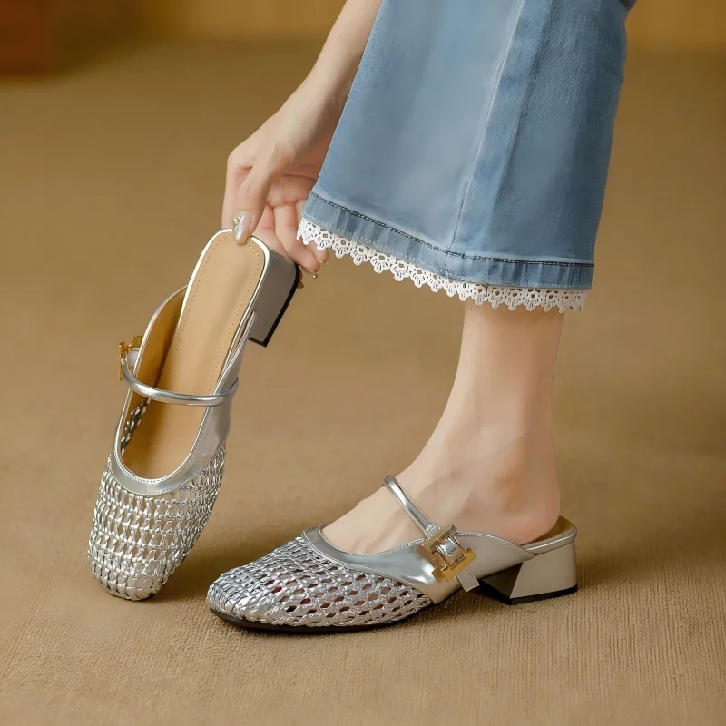 Women’s Mesh Cutout Closed Toe Mule Sandals | Summer 2026 Mid Heel Breathable Slip On Woven Strap Slides 3