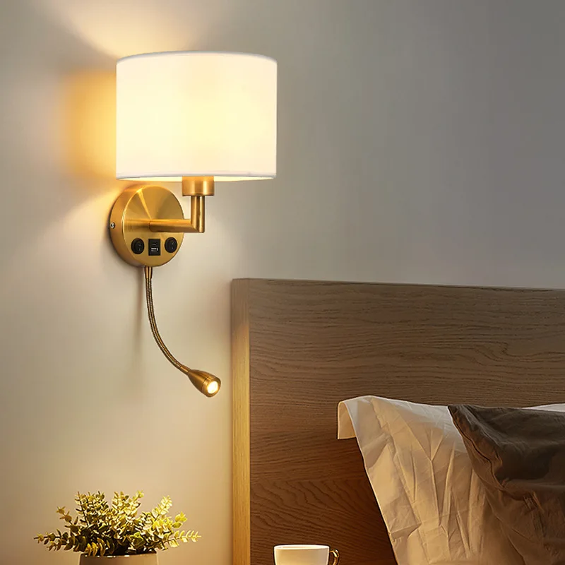 E27 LED Fabric Lampshade Adjustable Angle Wall Light USB Charging Port Bedroom Bedside Reading Light Home Decoration Wall Lamp led wall lamp wall light led reading light