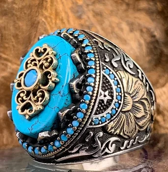 Vintage Hand Engraved Pattern Turkish Signet Ring for Men Fashion Set Green Stone Seal Islamic