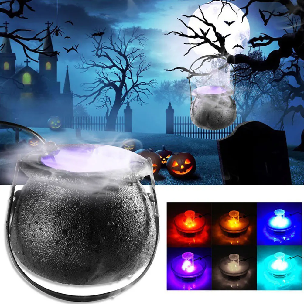 

Halloween Mist Witch Pot Witch Cauldron Fog Maker Water Fountain Fog Machine Colorful Changing Light Halloween Party Decoration