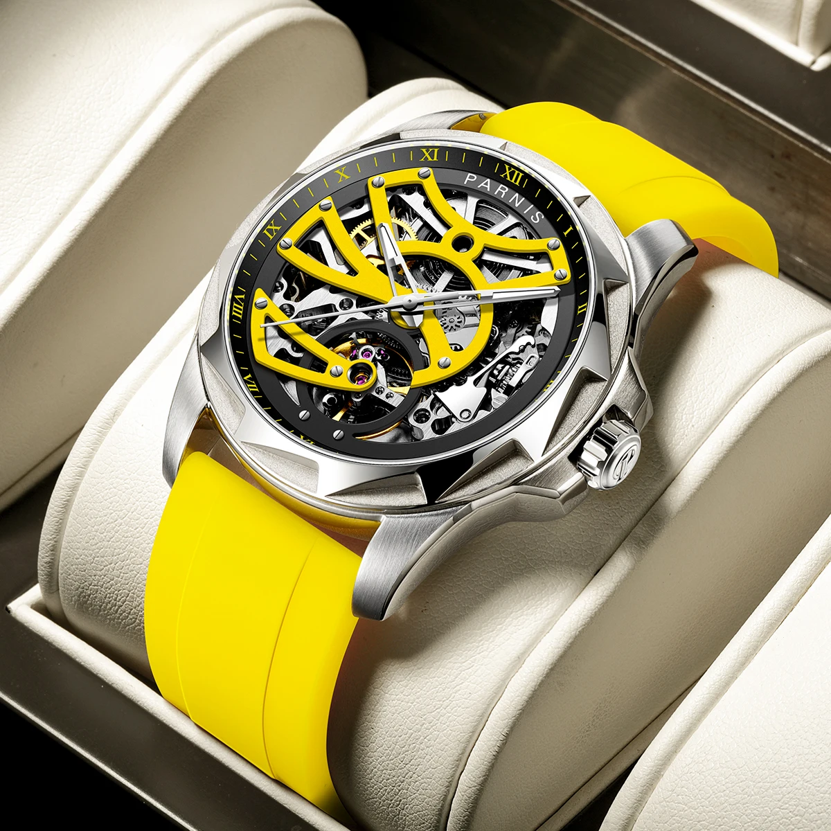 

Fashion Parnis 43mm Silver Case Men's Watch Sapphire Glass Calendar Automatic Mechanical Waterproof Watches For Men reloj hombre