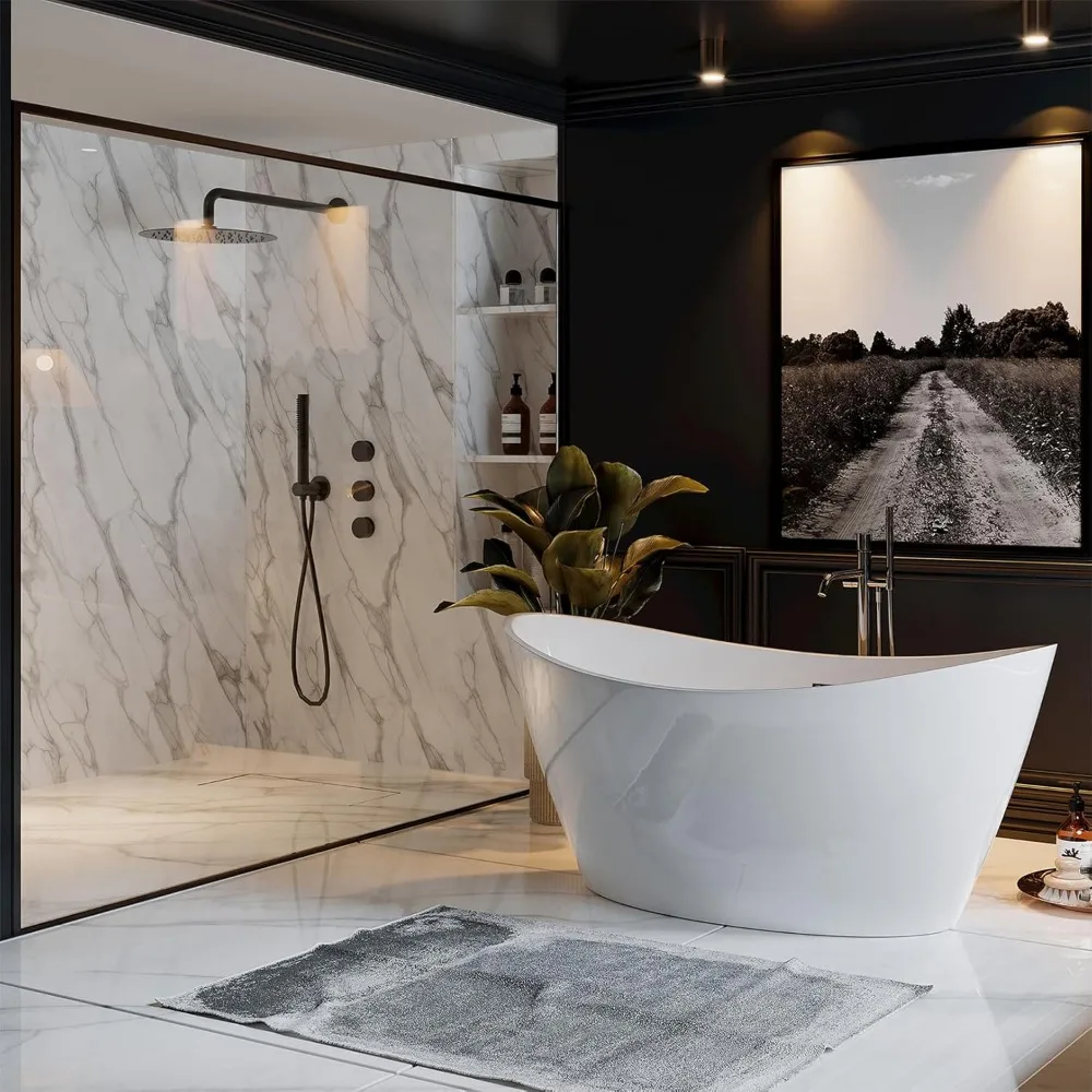 67" Acrylic Freestanding Bathtub Soaking with Brushed Nickel Drain and Overflow Included，SPA Tub Modern Stand Alone Bathtubs 5
