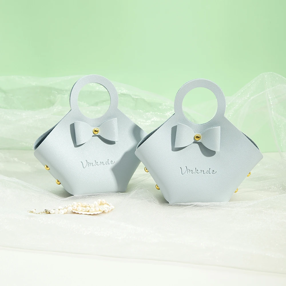 Light Blue Foldable PU Leather Jewelry Bag 16x9x7cm Wedding Candy Gift Basket Handbag Party Favors Cute Bowknot Wrapping Pouch