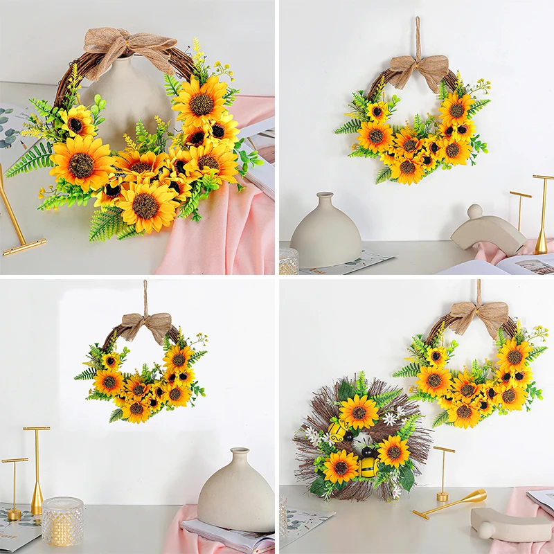 Artificial Sunflowers Wreath Door Hanging Flower Wreath Yellow Sunflower Green Leaves Wall Window Home Party Decor