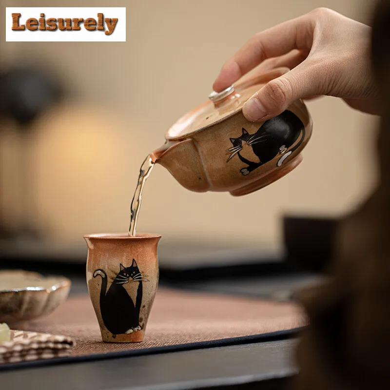 150ml Japanese Zhino Cat Hand Grasping Teapot Handmade Silver Treasure Bottle Pot Kiln Change Wood-fired Porcelain Kettle Teaset