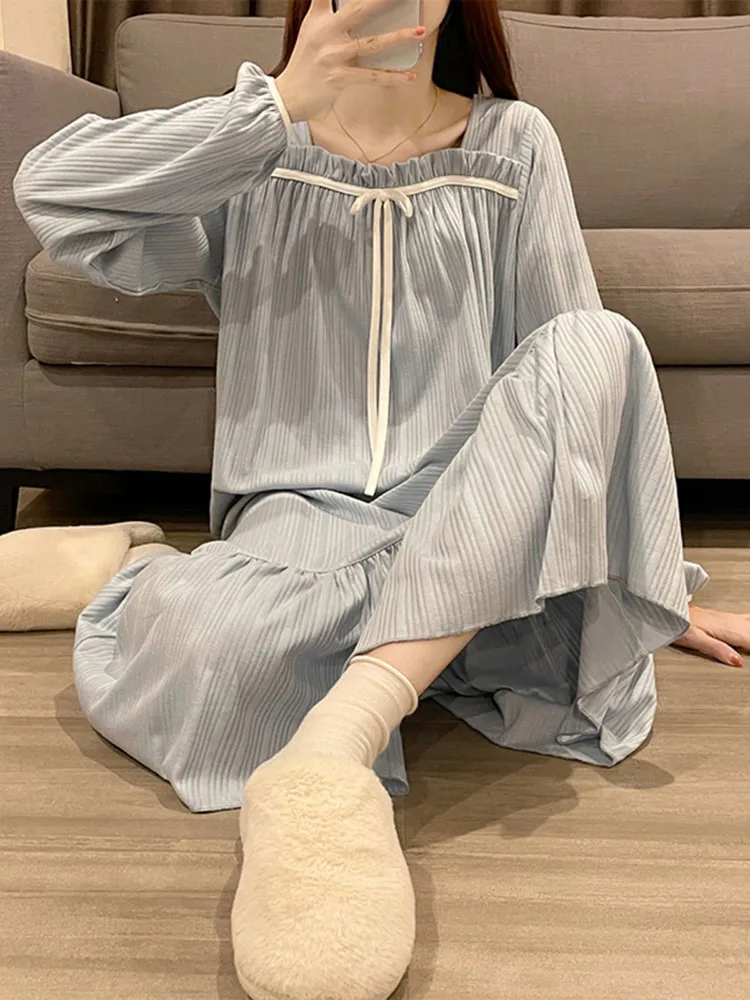 Cotton Solid Square Collar Women's Home Pajamas Spring Fall Sweet Bow Long Maternity Nightdress Ladies Loose Casual Nightgown