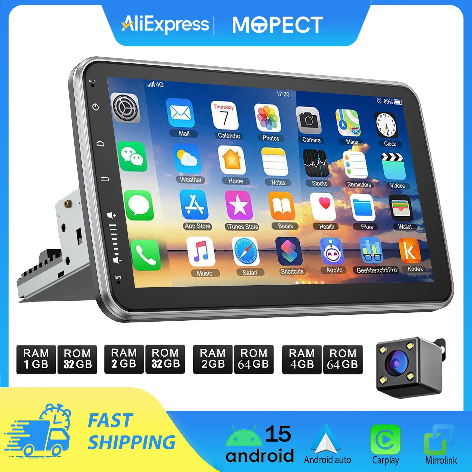 Autoradio Universal MOPECT Android 15 10.1" 360 °   Pantalla Táctil 1 DIN Inalámbrica CarPlay Android Auto GPS Navi RDS WiFi Micrófono FM 1
