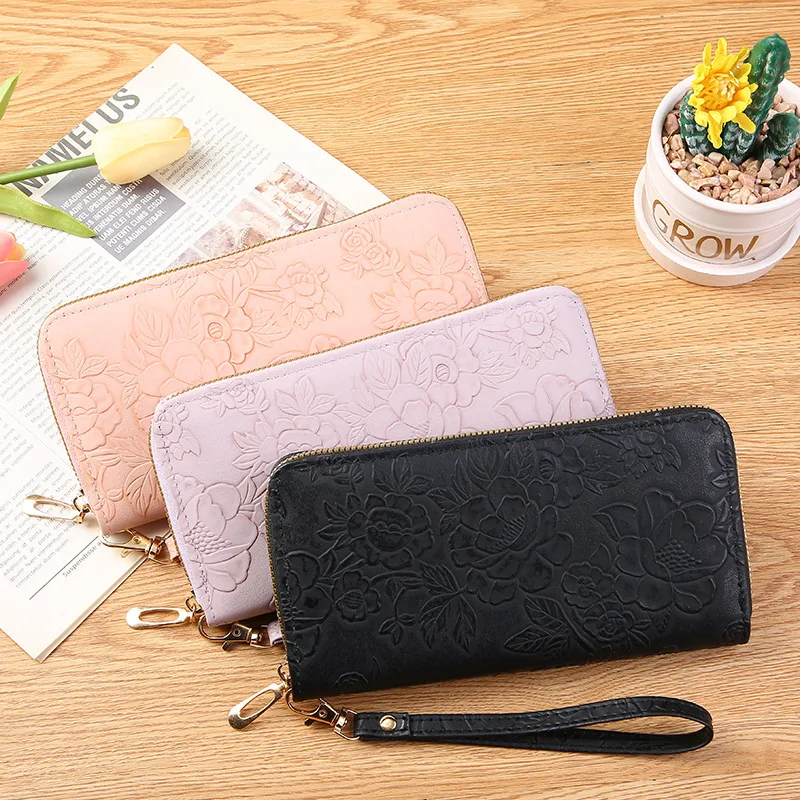 Floral Embossed Long Wallet PU Leather Credit Card Holder Simple Trendy Phone Coin Clutch Purse for Women Hand-painted Wallet