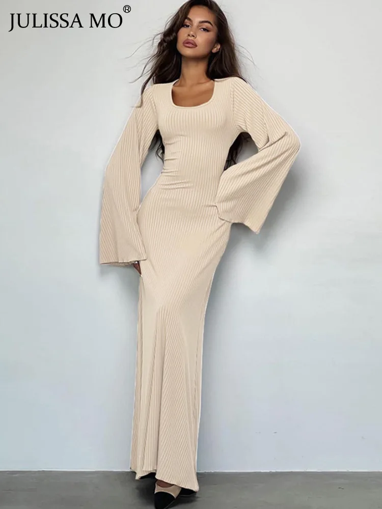 

JULISSA MO Square Neck Lace-Up Ribbed Maxi Dress Female Long Sleeve Fashion Slim Loose Bandage Dress Autumn 2023 Women Dress New