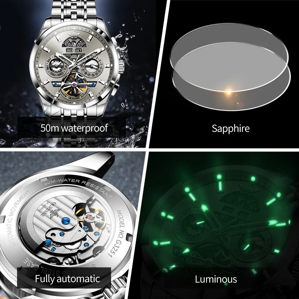 OUPINKE 3251 Men Watch Hollow Skeleton Automatic Watch For Men Luxury Waterproof Mechanical Wristwatch Week Calendar Hand Clock