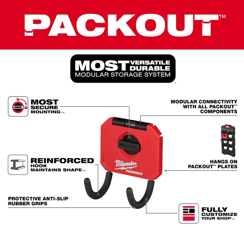Milwaukee 48-22-8335 PACKOUT 3” Curved Hook Reinforced Hook  Anti Slip Rubber Wall Mounted DIY Storage Tool 2