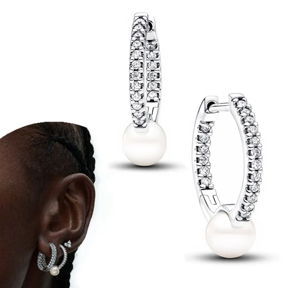 Woman Hoop Earrings 925 Sterling Silver Pearl Pavé Halo Stud Earrings For Women Earrings Jewelry Gifts - Image 4