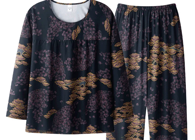 XL-4XL Mittleren Alters Mutter Zwei Stück Set Rundhals Langarm Pyjamas Frauen Baumwolle Frühling Herbst Nachtwäsche Pyjamas Femme Hause – Detail 5