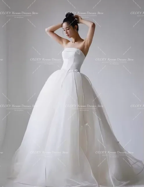 OLOEY Simple Strapless Draped Korean Wedding Dress for Photo Shoots A-Line Bridal Gown Floor Length Vestidos Novias Boda Women C