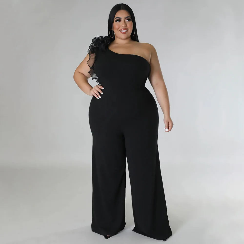 Plus Size One Piece Clothing Women Mesh One Shoulder Casual Outfit Lady Wide Leg Pants 2023 Spring Female Fashion 4xl Jumpsuit