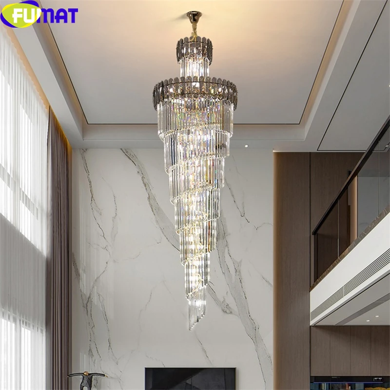 

FUMAT Crystal K9 Pendant Light Multi Layers Spiral Big Long Modern Style Gray Chandeliers Lamp Bamboo Shoots Hanging Fixture LED