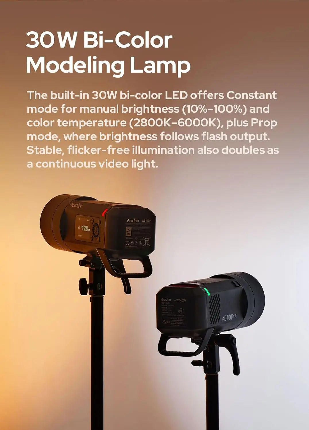 고독스 위스트로 AD400 프로 II AD400ProII 400Ws 야외 플래시, 30W 바이컬러 2800K-6000K, 2.4G 무선 X 시스템, TTL GN72 HSS 1/8000초