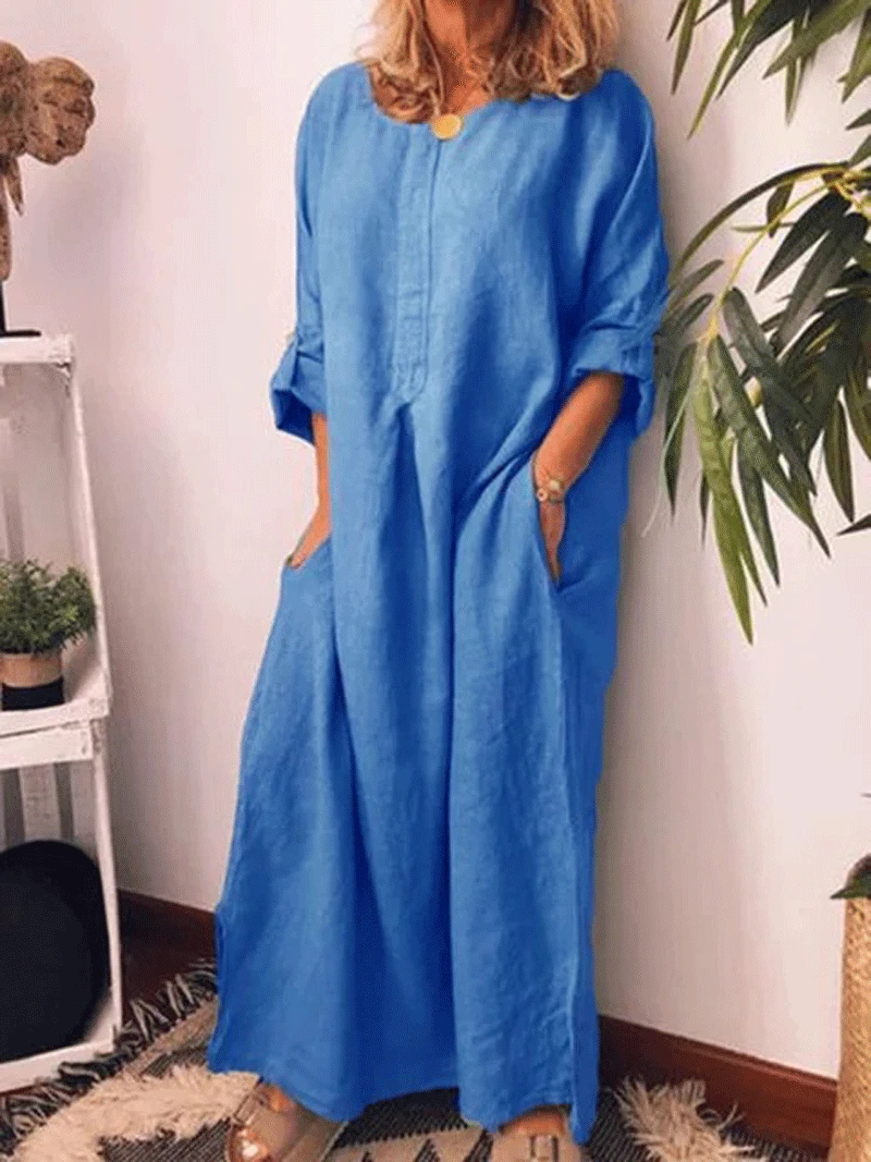 

2023 Autumn Cotton Linen Oversize Women's Long Dress Black O-neck Long Sleeve Pockets Loose Dresses Casual Female Ladies Clothes