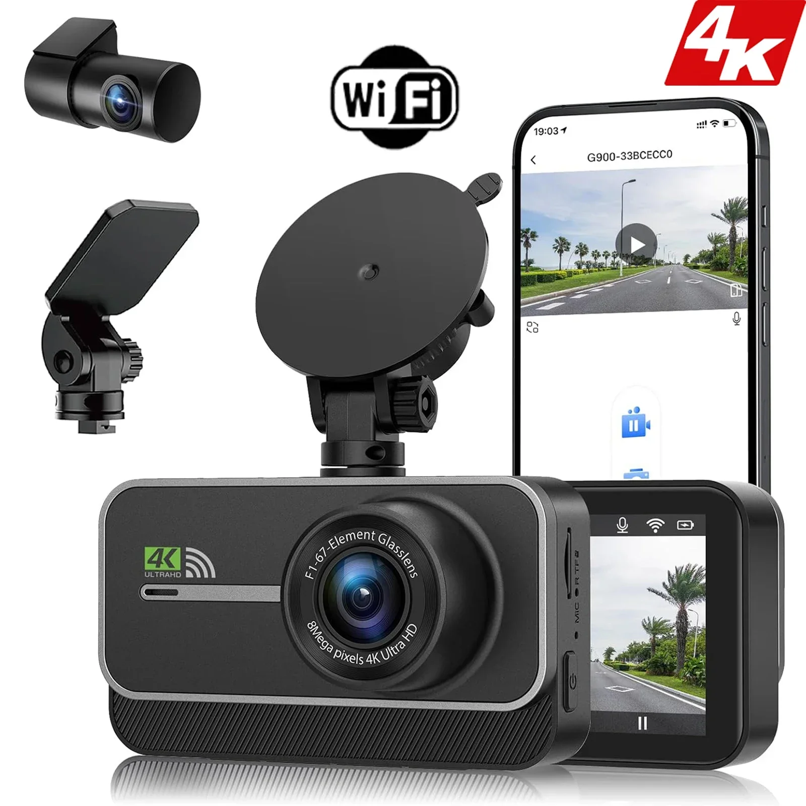 

4K WiFi Dash Cam for Cars DVR Car Video Recorder Front and Rear Black Box Night Vision 24H Parking Mode Car Display accessories