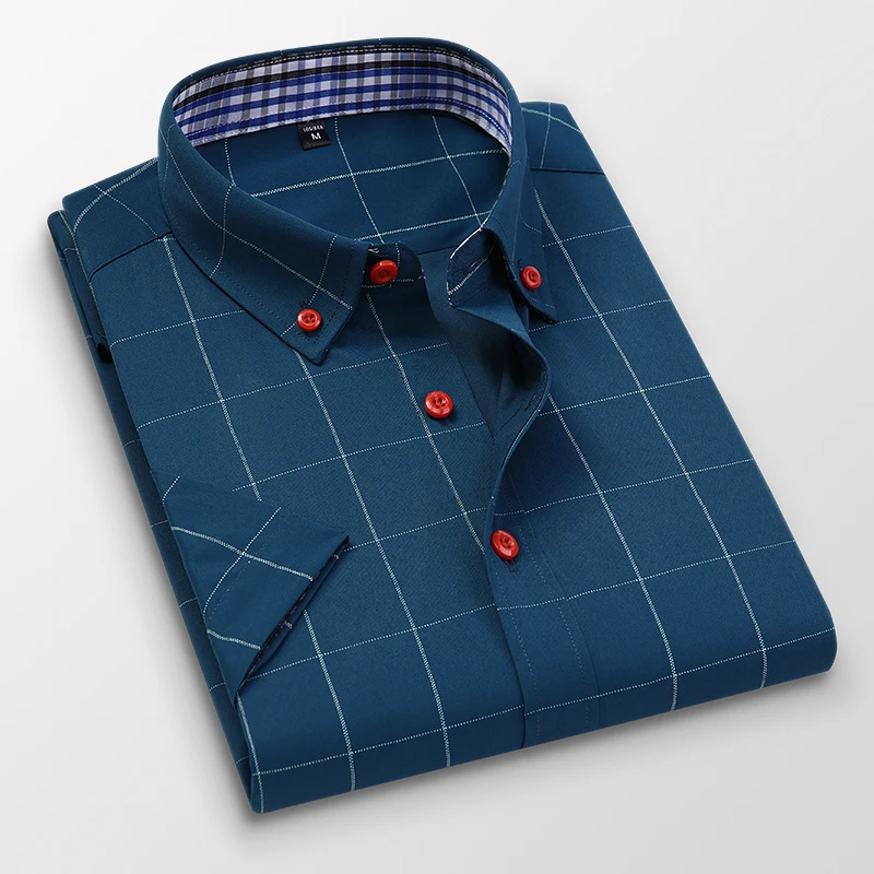 British Style Men's Plaid Casual Dress Shirts Male High Quality Short Sleeve Slim Fit Business Shirt Top Cothes S-5XL