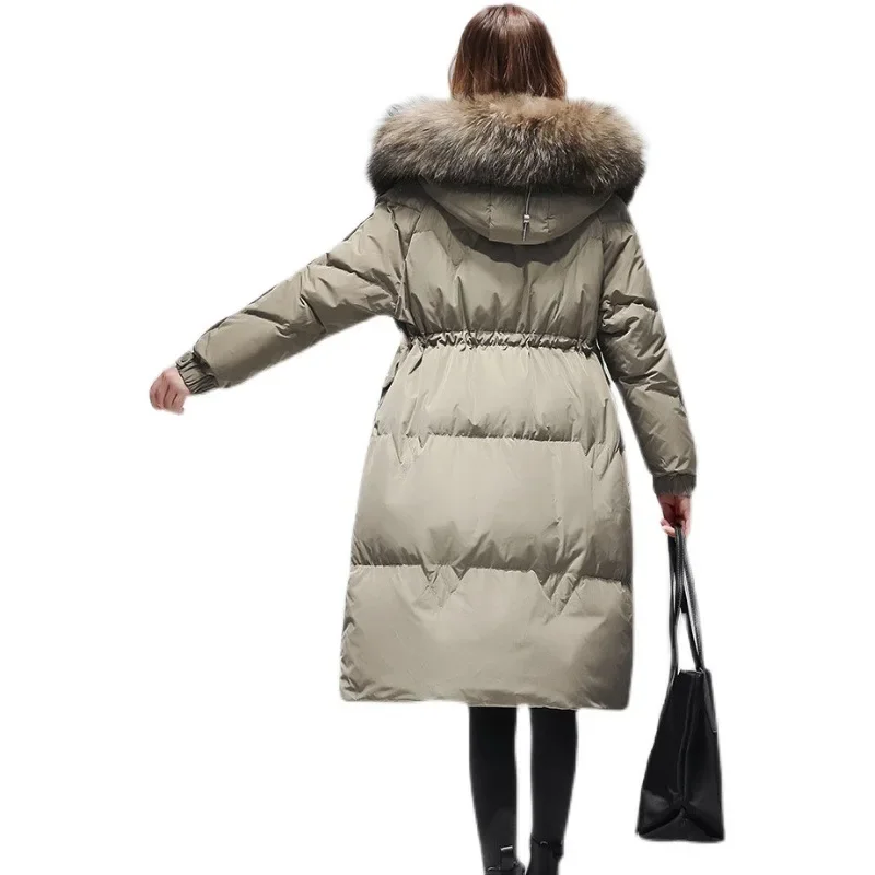 White goose down 2023 winter new down jacket for women's high-end and atmospheric mid length drawstring slimming down jacket