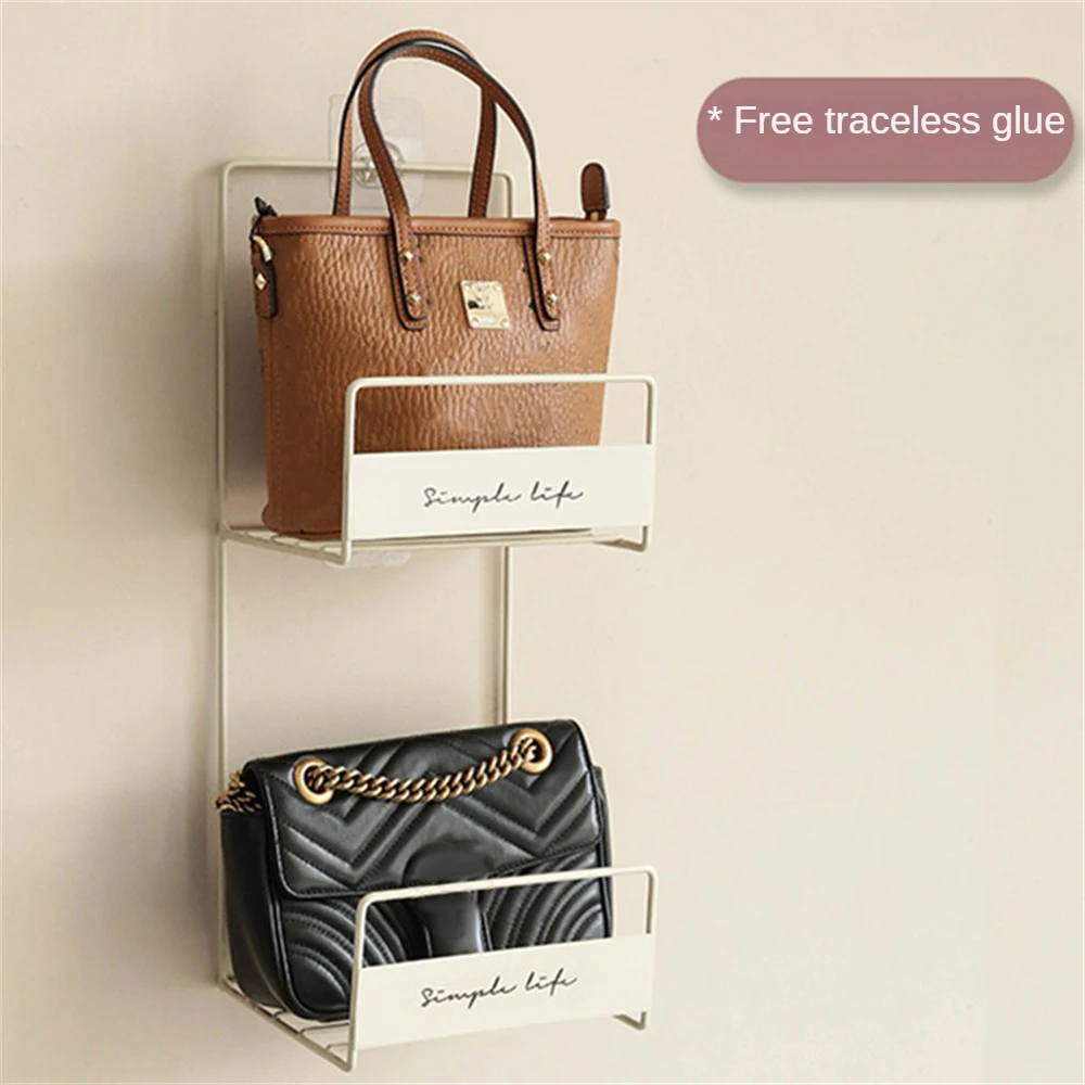 

Durable Iron Wall Shelf Rust Resistance Cabinet Hanging Bag Rack Non-marking Adhesive Durability Bag Storage Rack