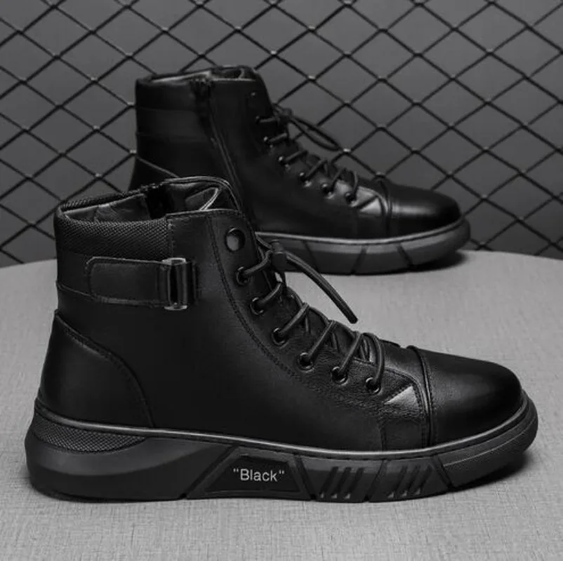 Ankle Boots Black  Leather Men's Sports Shoes Autumn Winter Comfortable High-top Casual Fashion Platform Boots Man Round Head48