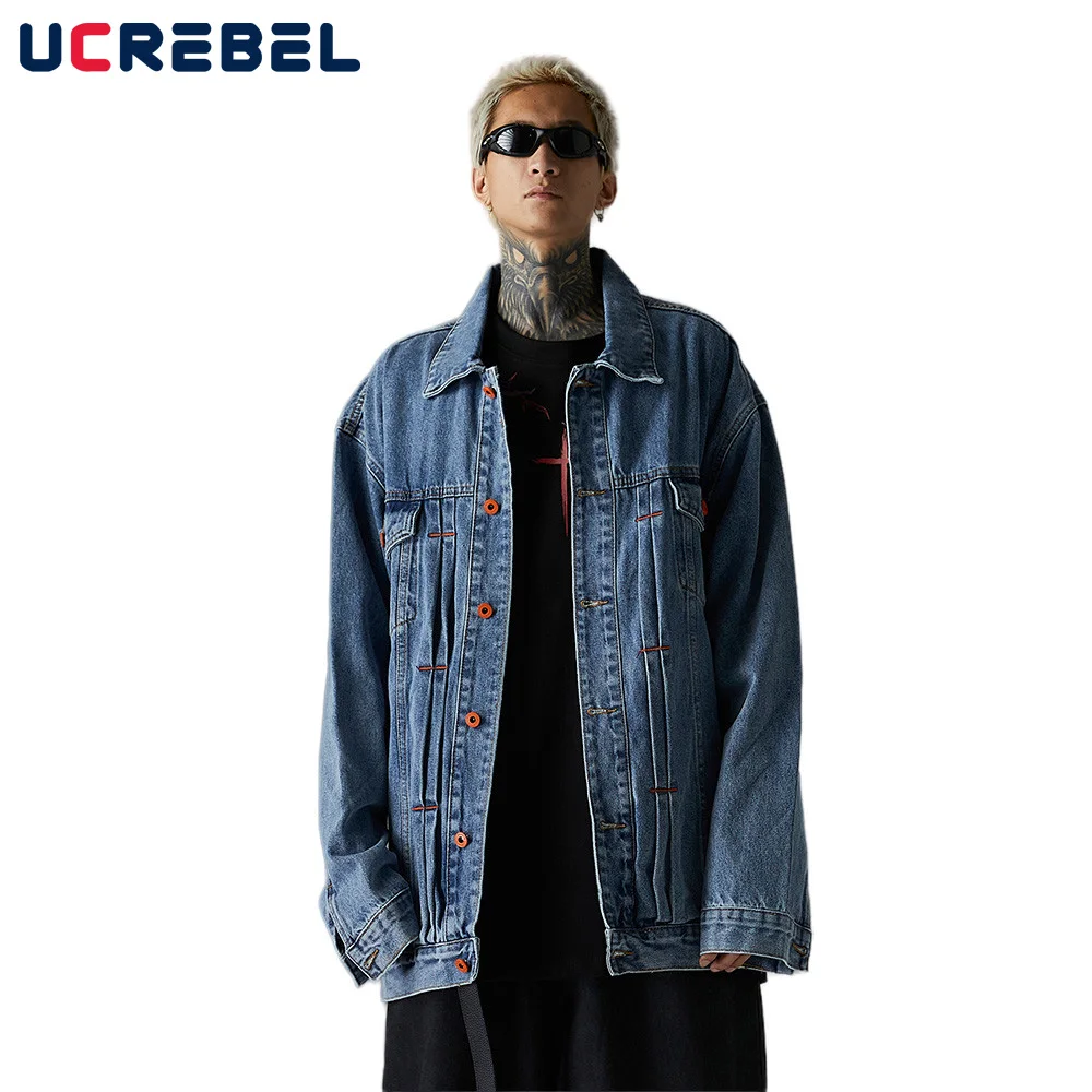 

Letter Print Denim Jacket Mens Pocket Washed Distressed Lapel Single Breasted Long Sleeve Streetwear Jeans Jacket Outerwear Men