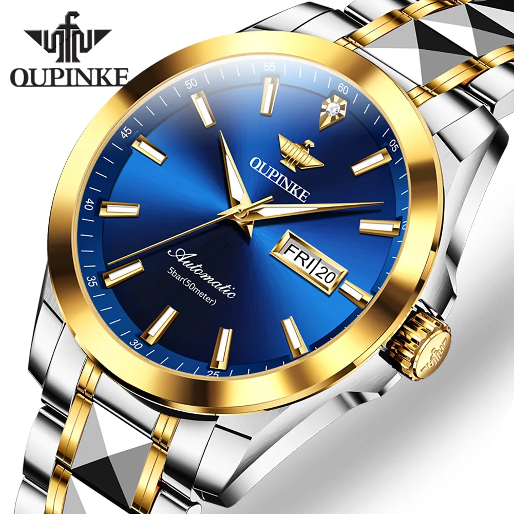 OUPINKE Original Real Diamond Mens Wristwatch Automatic Mechanical Watch Luxury Swiss Movement Luminous Dress Calendar