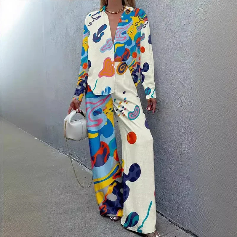 Elegant Printed Vocation Beach Set Fashion Lapel Button Shirt & Long Pants Outfits Women Causal Long Sleeve Loose Two Piece Suit