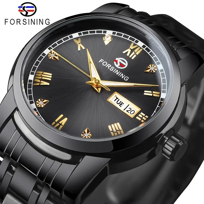 Orologio meccanico automatico da uomo di lusso di alta gamma - Stile business, visualizzazione del calendario alla moda, cassa in lega e cinturino in acciaio inossidabile, elegante design ritagliato_voghion.com