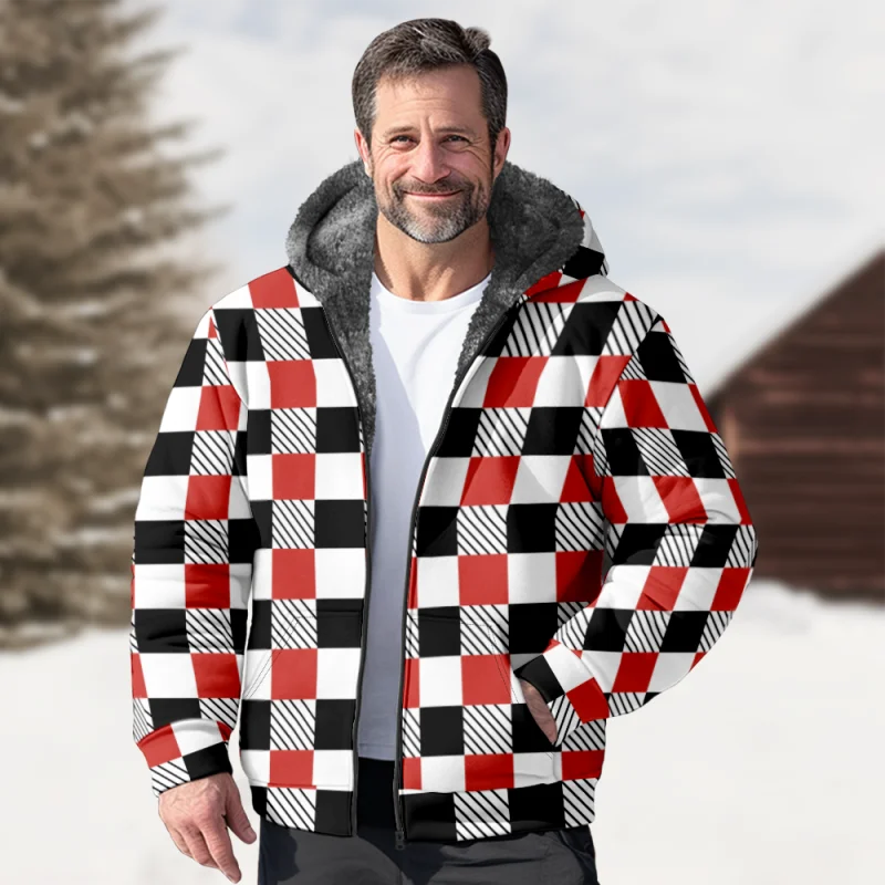 New Colorful Plaid Cotton Coat Hooded Sweater Casual Printed Men's Fur Loop Arctic Velvet Zipper Patch Pocket Hooded Sweater a04