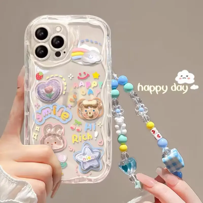 Charming 3D Bear & Flower Chain Lanyard Clear Soft Phone Case