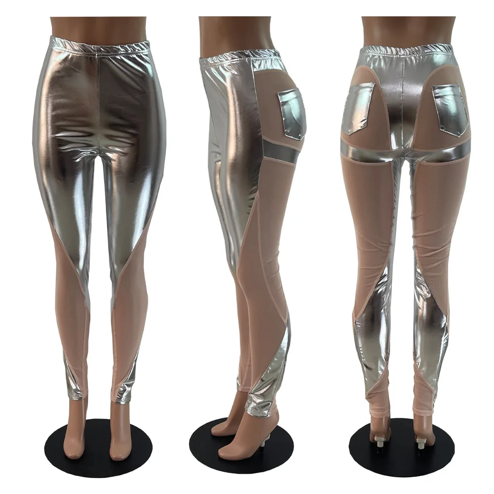 Sexy See Through Mesh Patchwork Silver Leggings 2023 New Summer