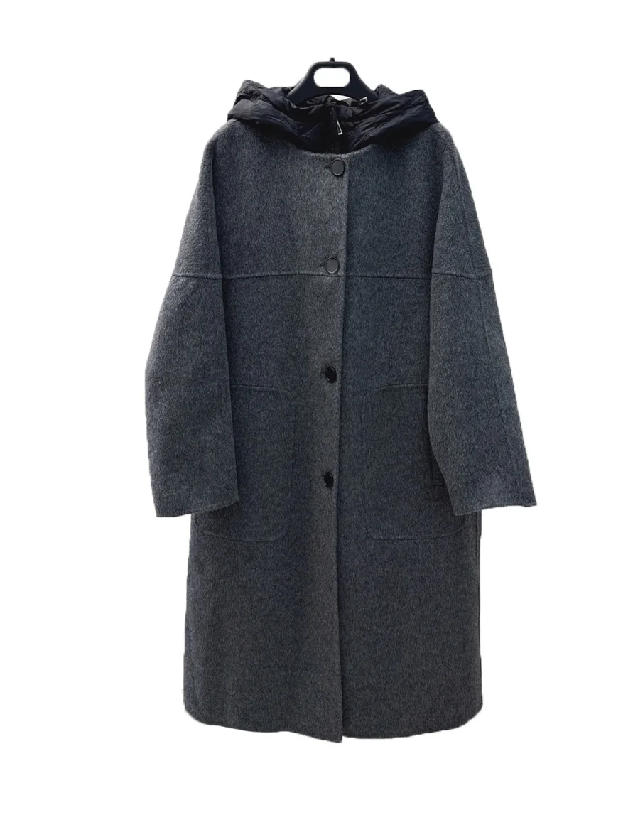 

Down jacket hooded long loose shape splicing single-breasted design warm and comfortable 2024 winter new 0106