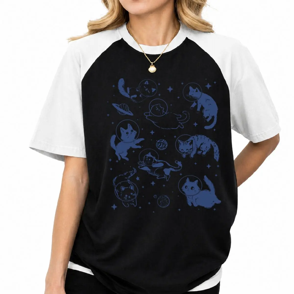 Cute Astronaut Cats Cosmic Print T-Shirt Vintage Raglan Sleeve Cotton Short Sleeve Tees Women's Casual American Style Tshirt 5
