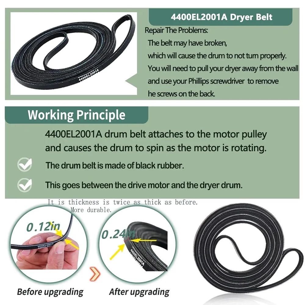 Description Picture 4 of item4581EL2002C Dryer Drum Roller 4400EL2001A Dryer Belt 4561EL3002A Idler Pulley and Spring Compatible with LG Kenmore Dryers
