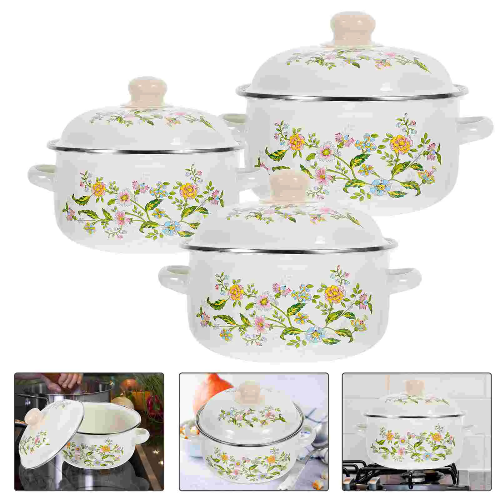 

Kitchen Enamel Stockpot Lid Soup Pot Stew Pot Retro Flower Stew Bean Cooking Pot Vintage Enamel Simmer Pot Handles