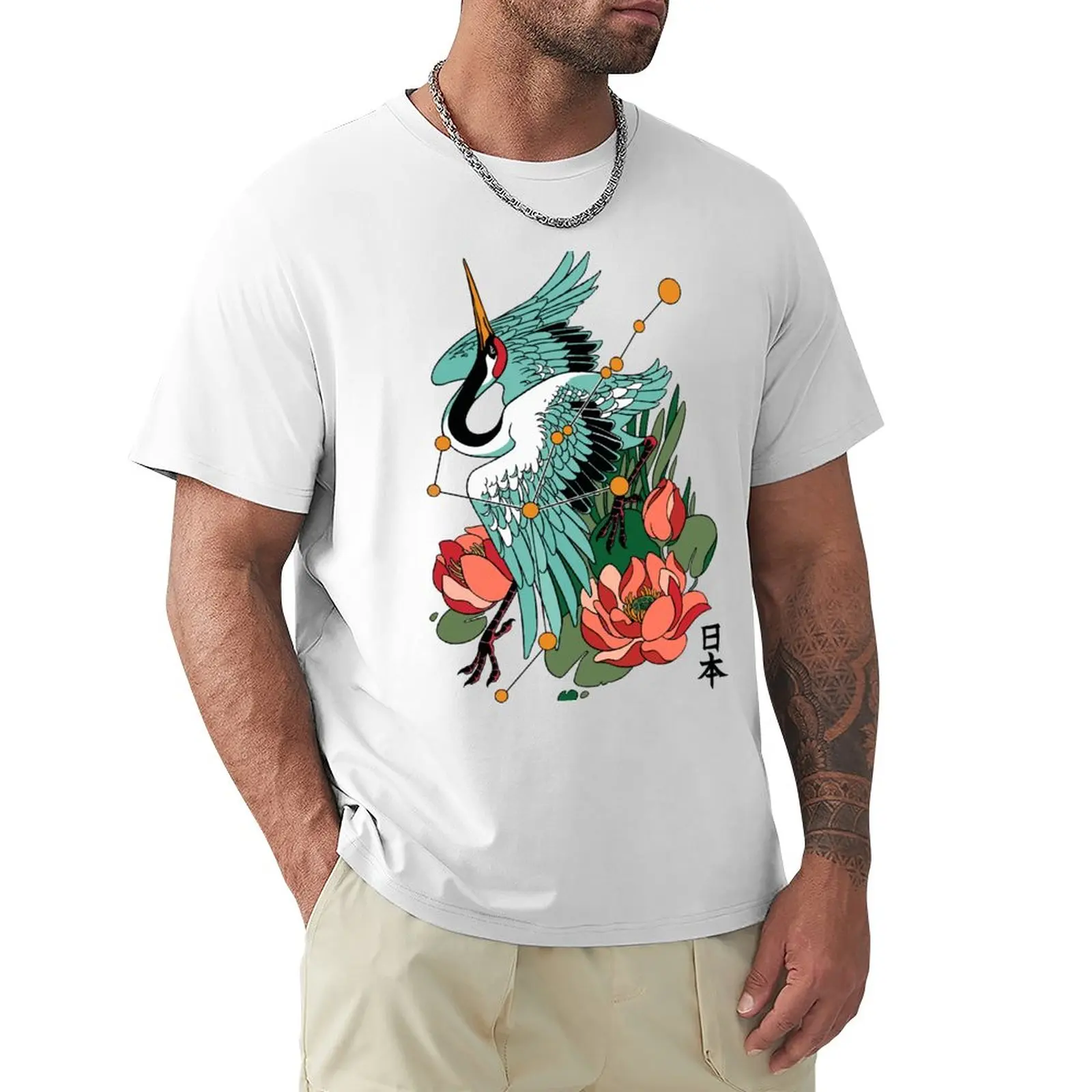 

Japanese Fine Art Crane Flowers Ornaments T-Shirt anime plain mens white t shirts