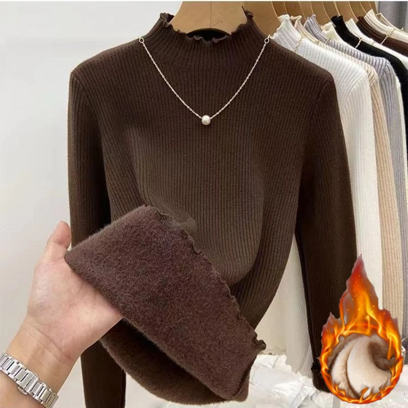 Women's Thickened Fleece Lined Turtleneck Pullover Autumn Winter Fashion Base Layer Shirt Long Sleeves Warm Ruffled Edge Sweater