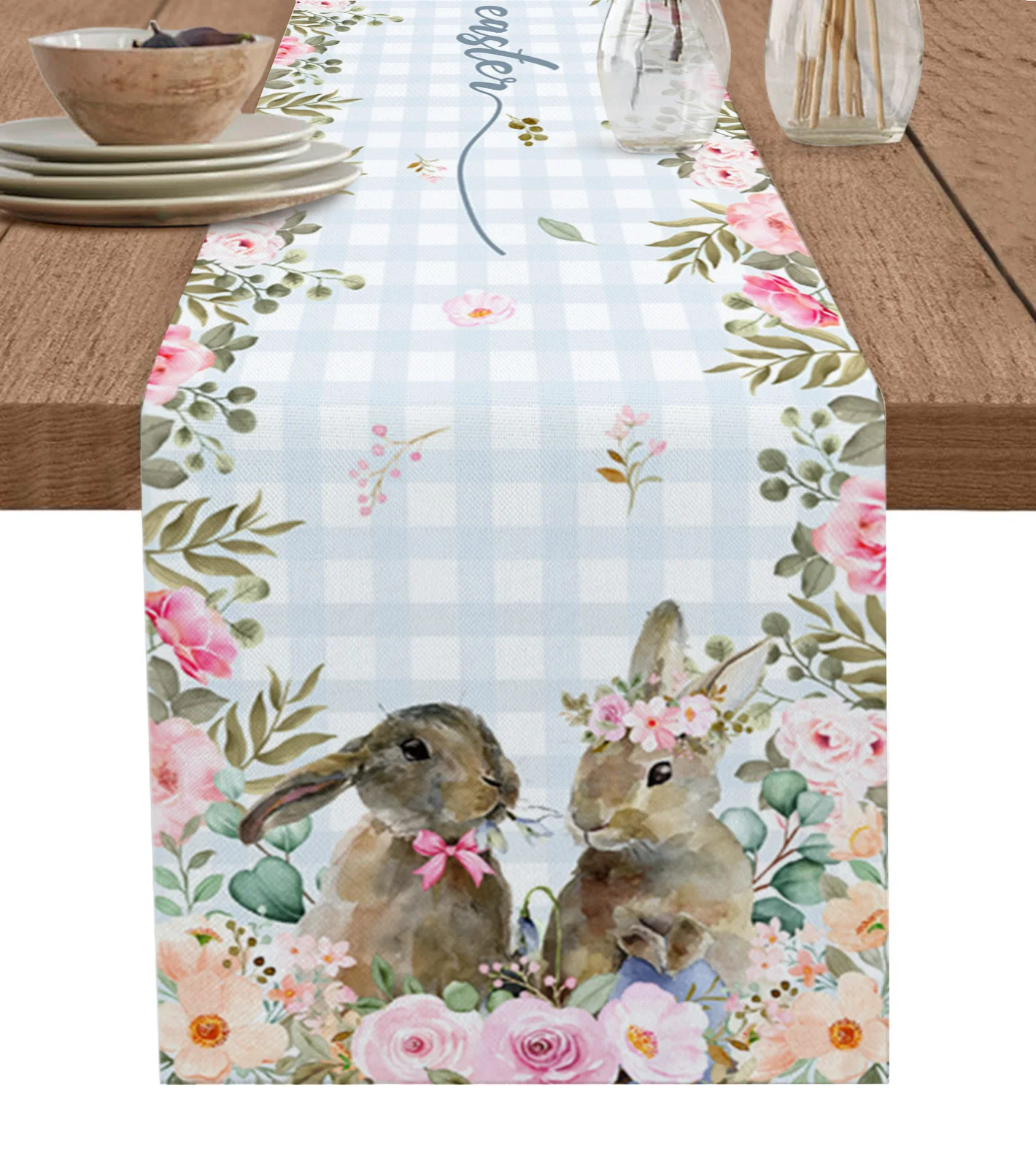 

Easter Bunny Watercolor Flower Plaid Table Runner Cotton Linen Wedding Decor Tablecloth Festival Kitchen Decor Table Runner