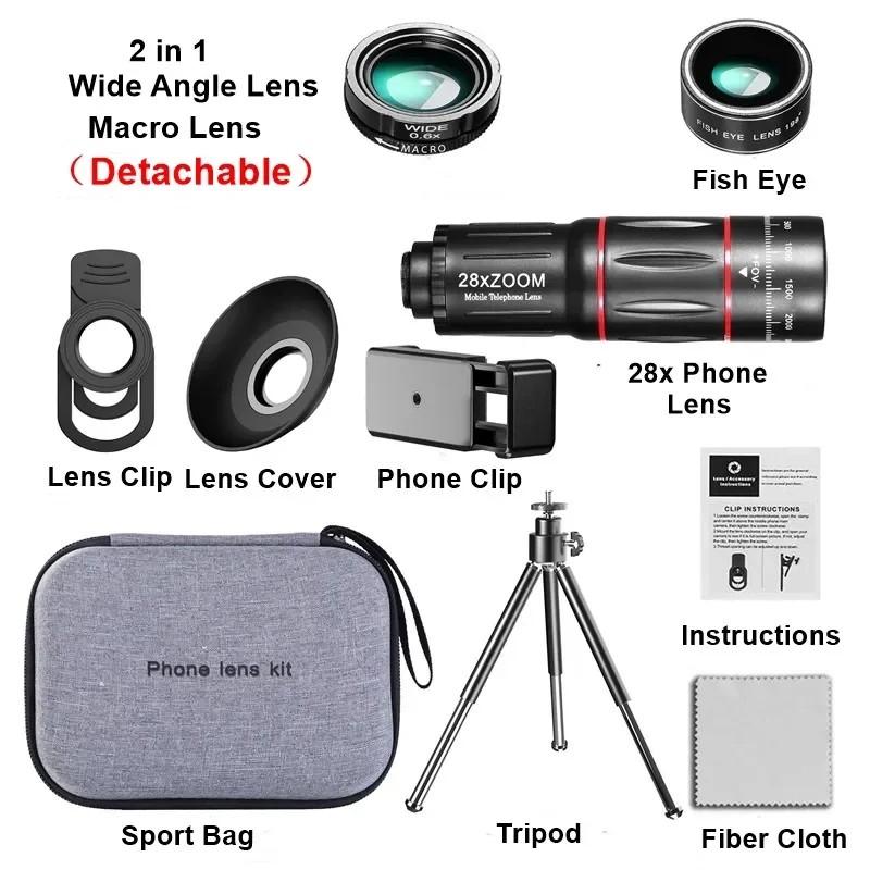 Phone Lens Telephoto Lens 28X HD Camera Phone Lens Telescope Zoom Macro For Iphone Samsung Smartphone Fish Eye