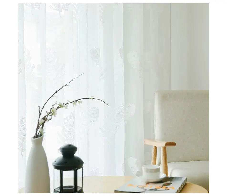 Modern Embroidered Feather White Tulle Curtains For Living Room Linen Window Sheer Voile Curtain For Bedroom Kitchen Drapes